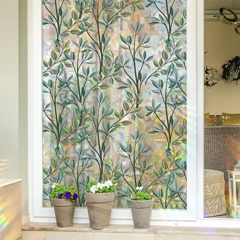 film décoratif fenêtre feuilles vertes moderne protection uv isolation thermique adhésif auto collant versatile
