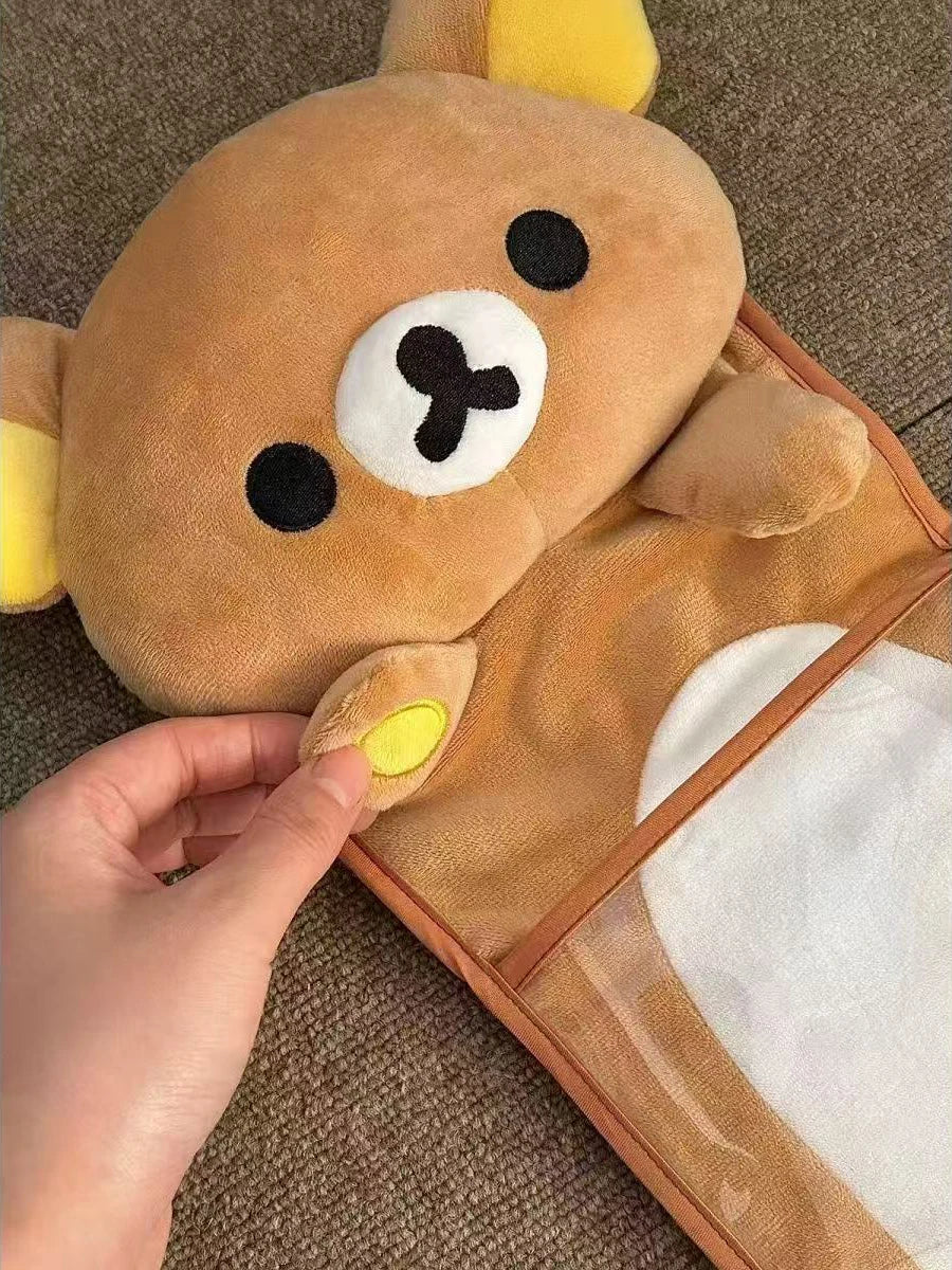 sac rangement mural peluche ours marron clair mignon crochets métalliques poignées cuir compartments plastique