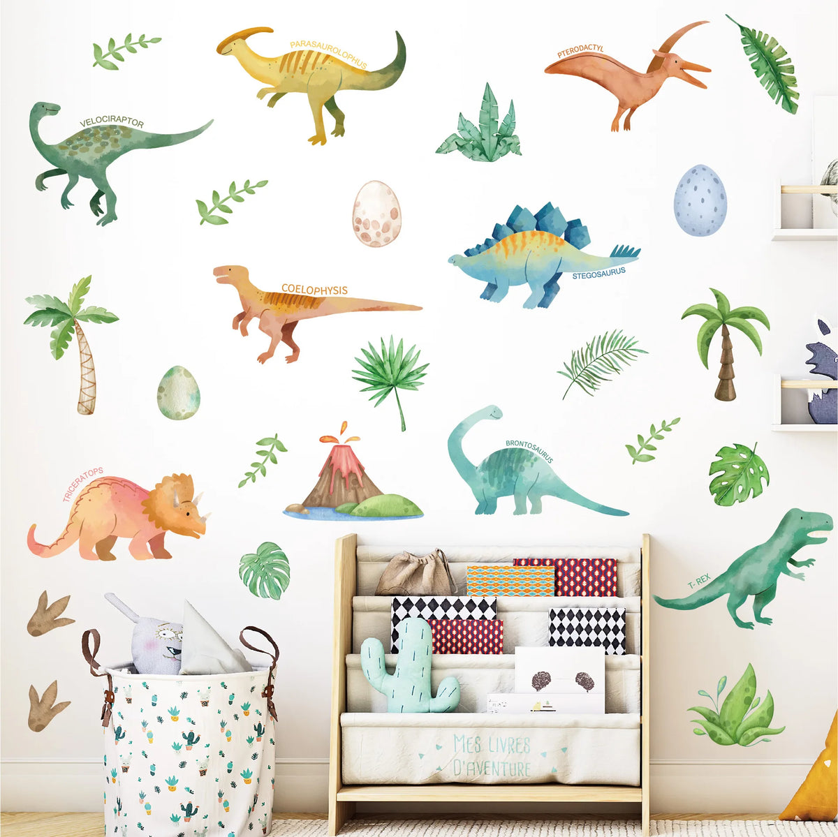 Stickers muraux animaux dinosaures feuilles palmiers motifs géométriques adhésifs decoration chambre enfants salon bébé