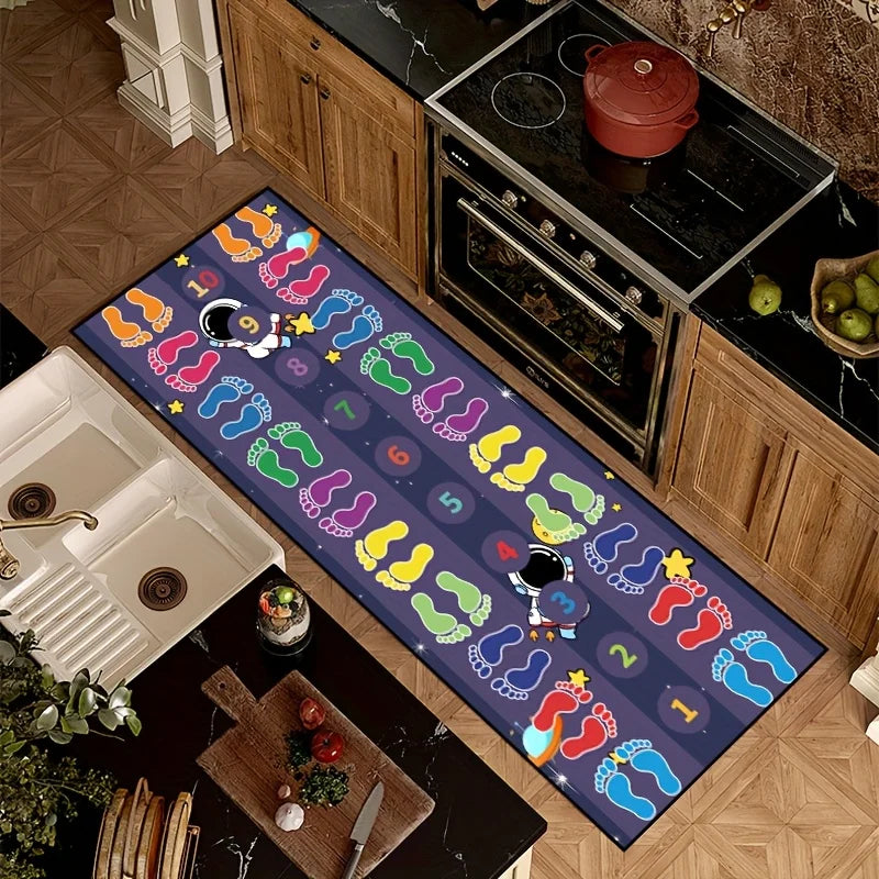 tapis enfant espace astronautes fusées motifs pieds colorés numéro 10 bleu rouge jaune vert