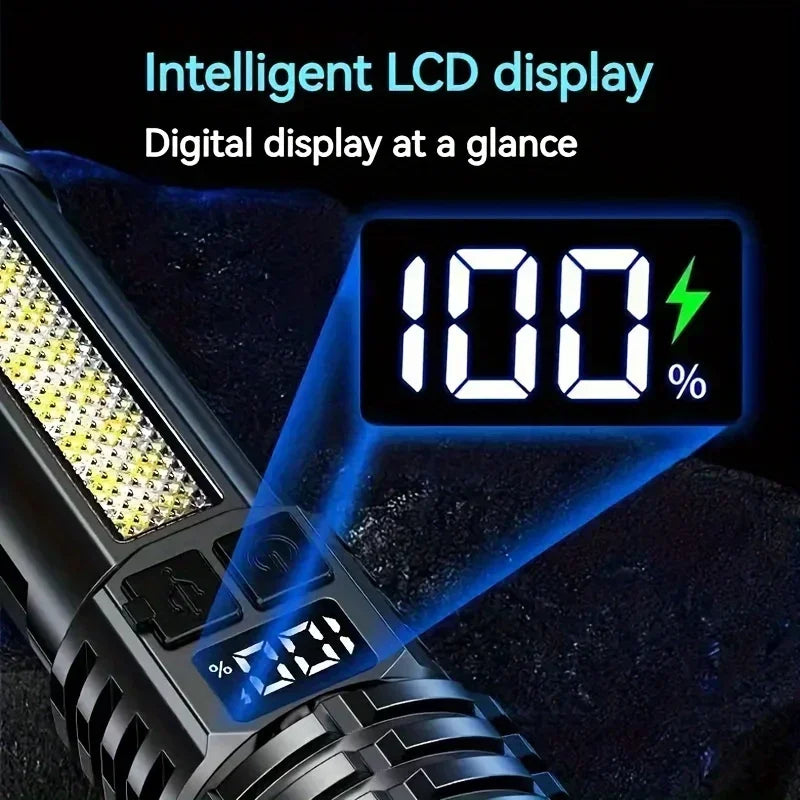 lampe torche multifonction rechargeable led noire texturée affichage numérique zoom intense résistant chocs