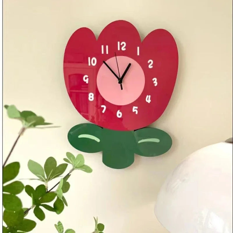 horloge murale quartz aiguille acrylique motif floral rouge rose salon moderne