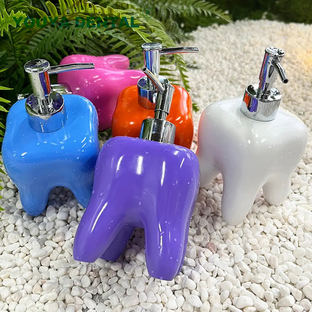 distributeur savon liquide forme dent bleu rose orange violet moderne
