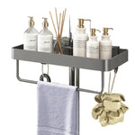 étagère salle bain moderne métal noir gris argenté fixée bouteilles savon parfum serviette gant