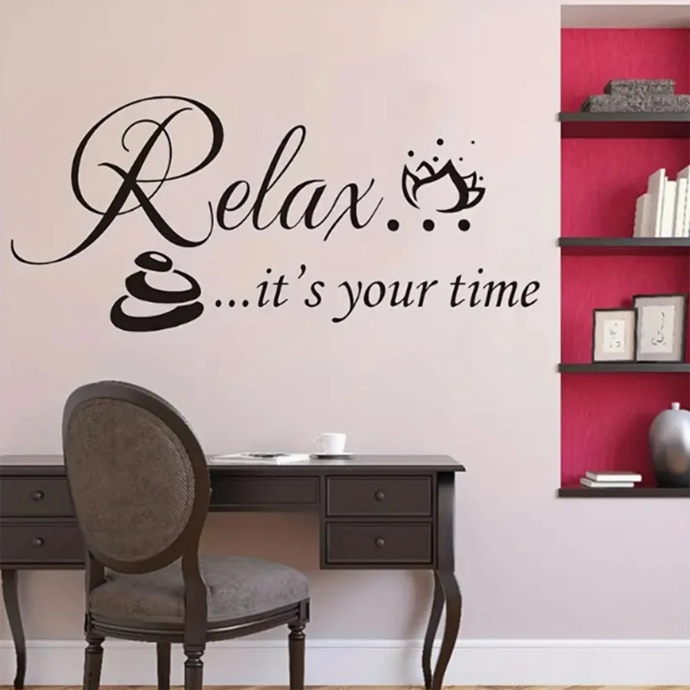 sticker mural relax it's your time spa beauté salon noir blanc rose chambre décoration