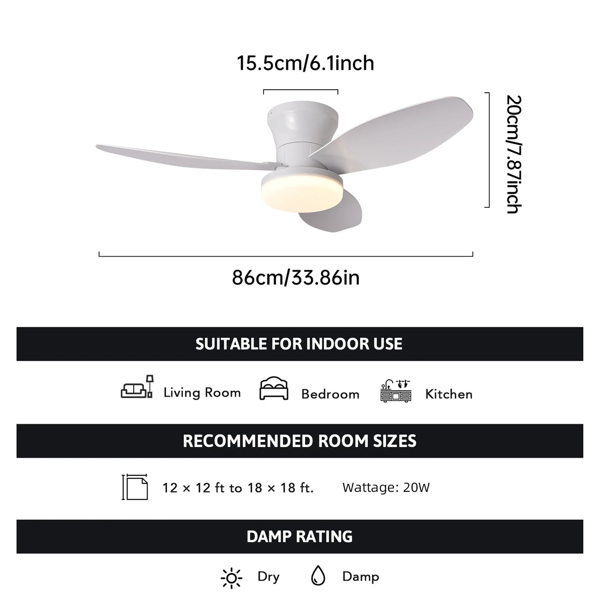 ventilateur led lumière télécommande noir blanc bois moderne traditionnel assemblage