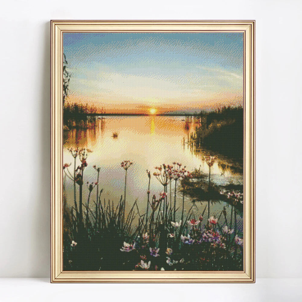 toile broderie paysage coucher soleil fleurs arbres multicolore opaque réaliste kit broderie aiguilles fils