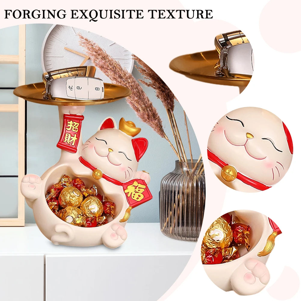 statue decorative chat blanc rouge couronne dorée plateau rangement accessoires inclusion clochette caracteres chinois