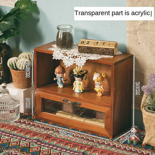 armoire bois vintage deux portes vitrées tiroirs rangement cosmétiques organiser objets divers transparents