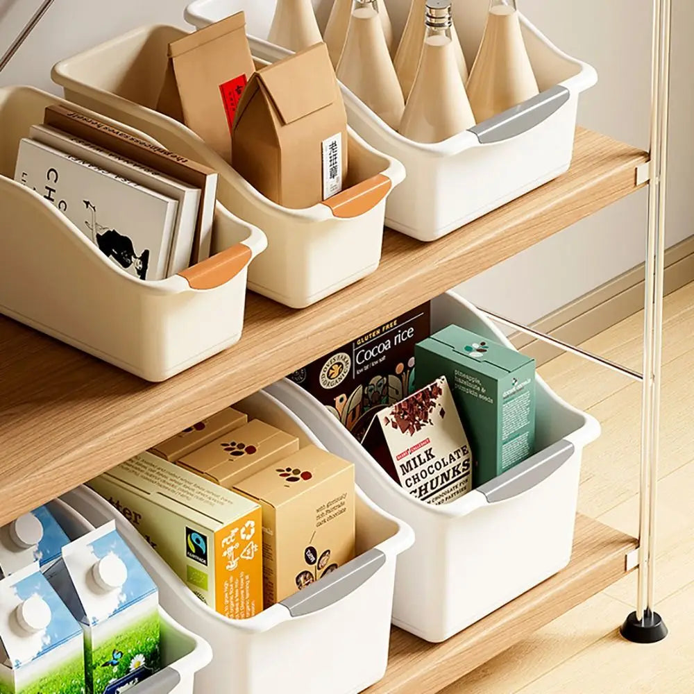 organisateur rangement moderne boîte tri plastique empilable compartiments multifonctionnels beige gris clair poignées bois