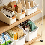 organisateur rangement moderne boîte tri plastique empilable compartiments multifonctionnels beige gris clair poignées bois