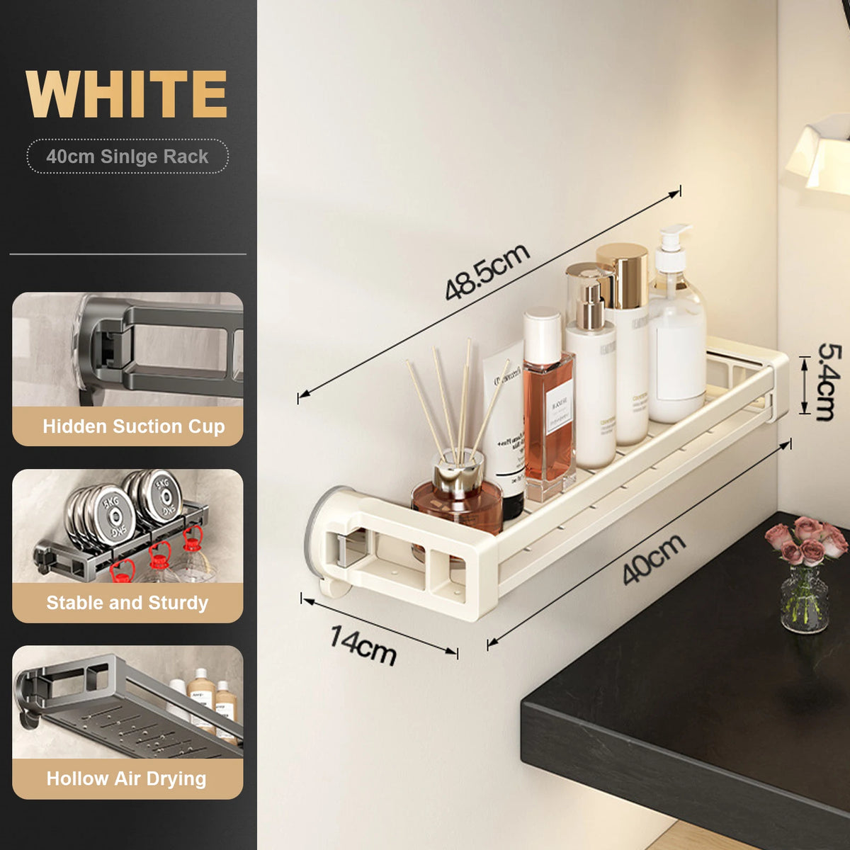 étagère salle bain ventouse aluminium moderne gris minimaliste porte serviette suction cachée