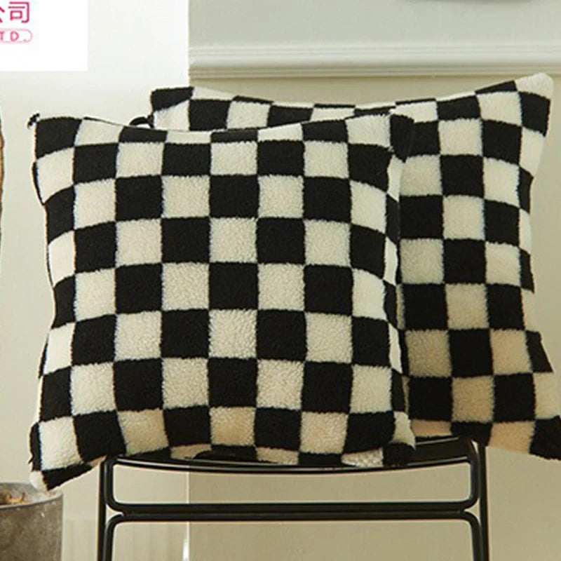 coussin fausse fourrure noir blanc motif carreaux mousse pu massage moderne lit chambre salon