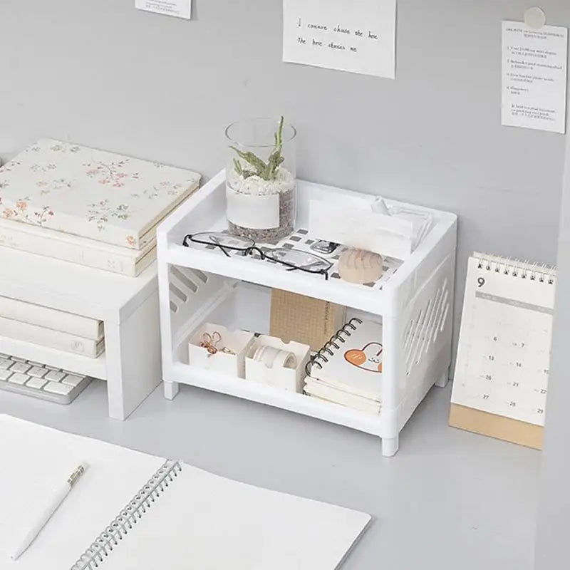 organisateur transparent moderne rangement étagère blanche miroir plante stylo carnet clavier tasses bouteilles couteau