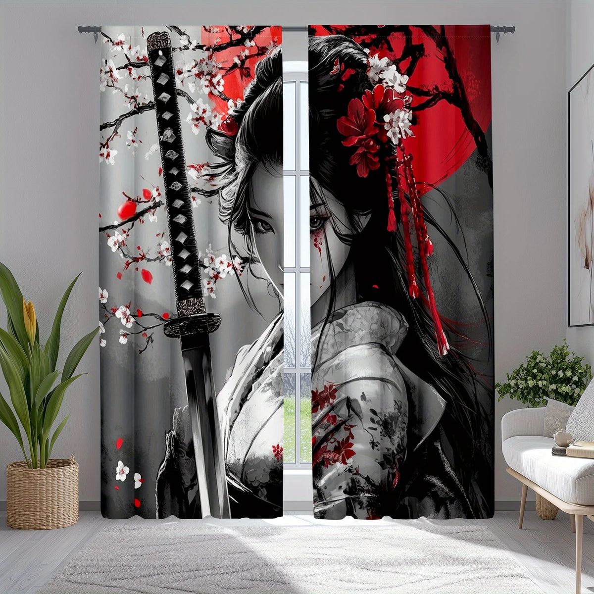 rideau imprimé art japonais femme katana fleurs cerisier noir rouge salon moderne