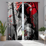 rideau imprimé art japonais femme katana fleurs cerisier noir rouge salon moderne