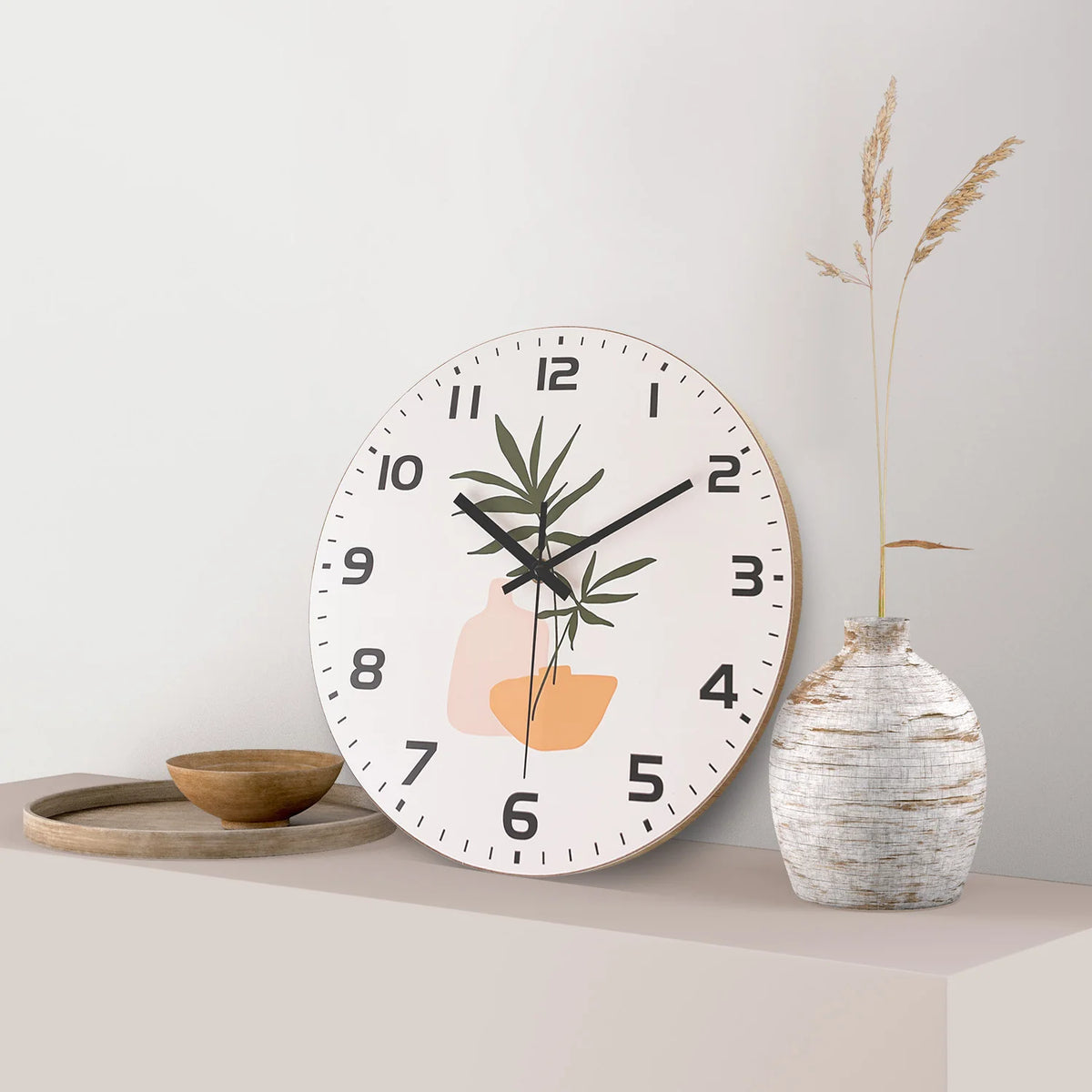 horloge murale bois motif végétal moderne salon chambre coucher quartz silencieux 10 12 14