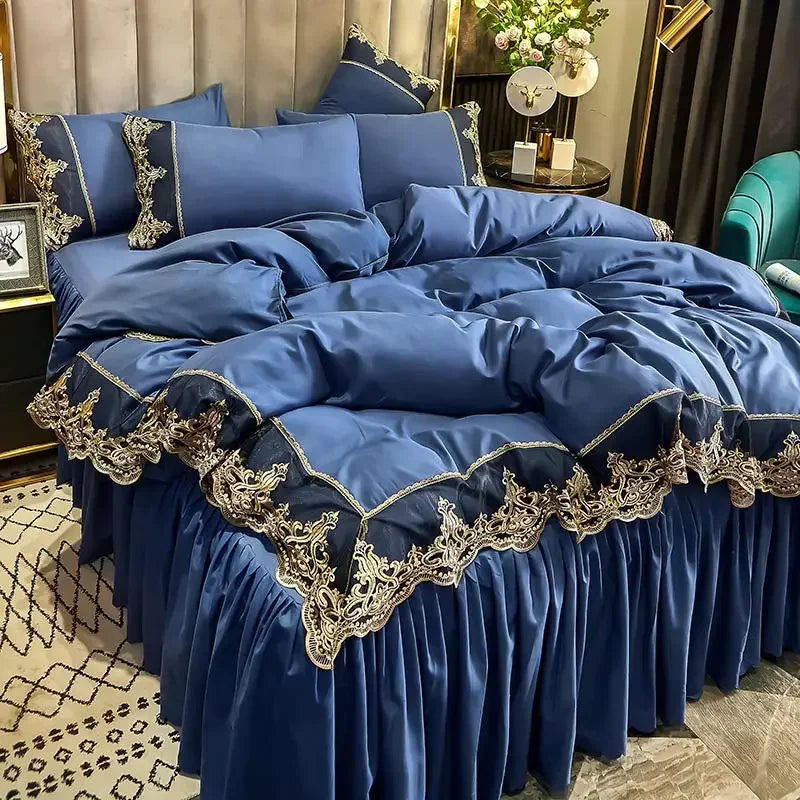 ensemble literie complet couvre lit bleu marine broderie dorée drap taies oreiller classique