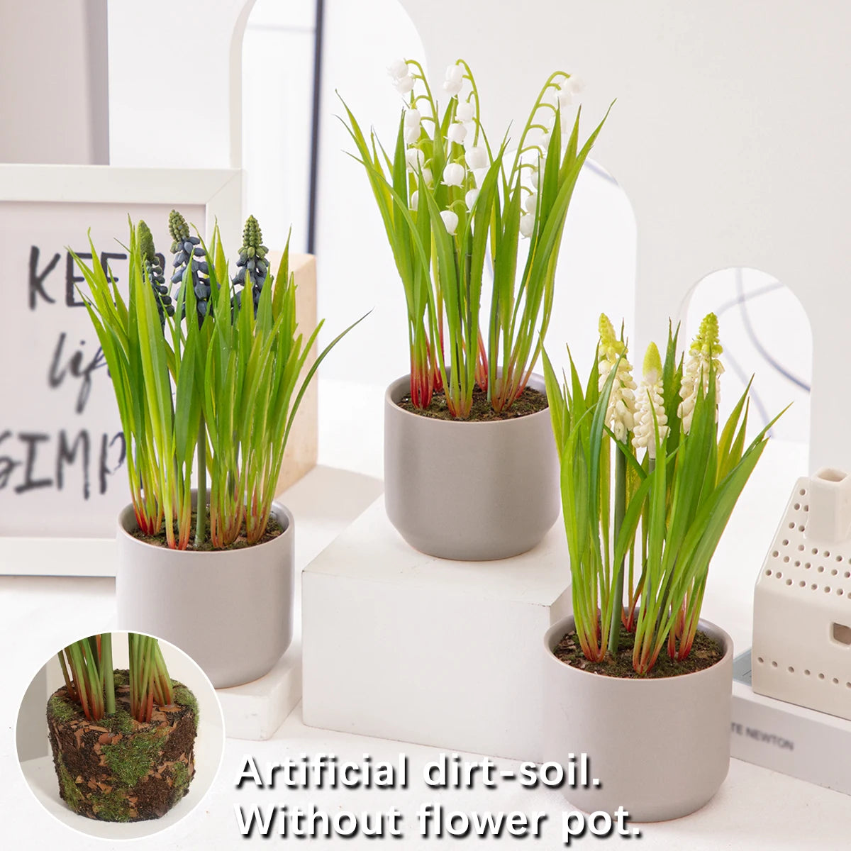 Fleur artificielle muguet en pot rose clair
