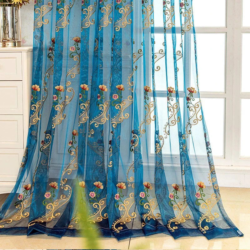 rideau floral brodé transparent bleu doré rose élégant salon chambre bureauhôtel