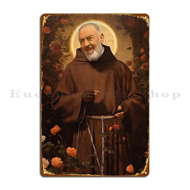 plaque métallique vintage saint padre pio illustration religieuse pré perçus marron foncé cadre floral