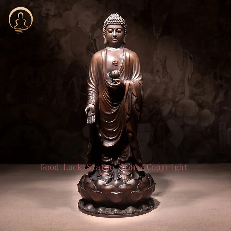 statuette bouddhiste bronze bouddha deux femmes bases lotus motifs floraux 32cm 3kg traditionnel