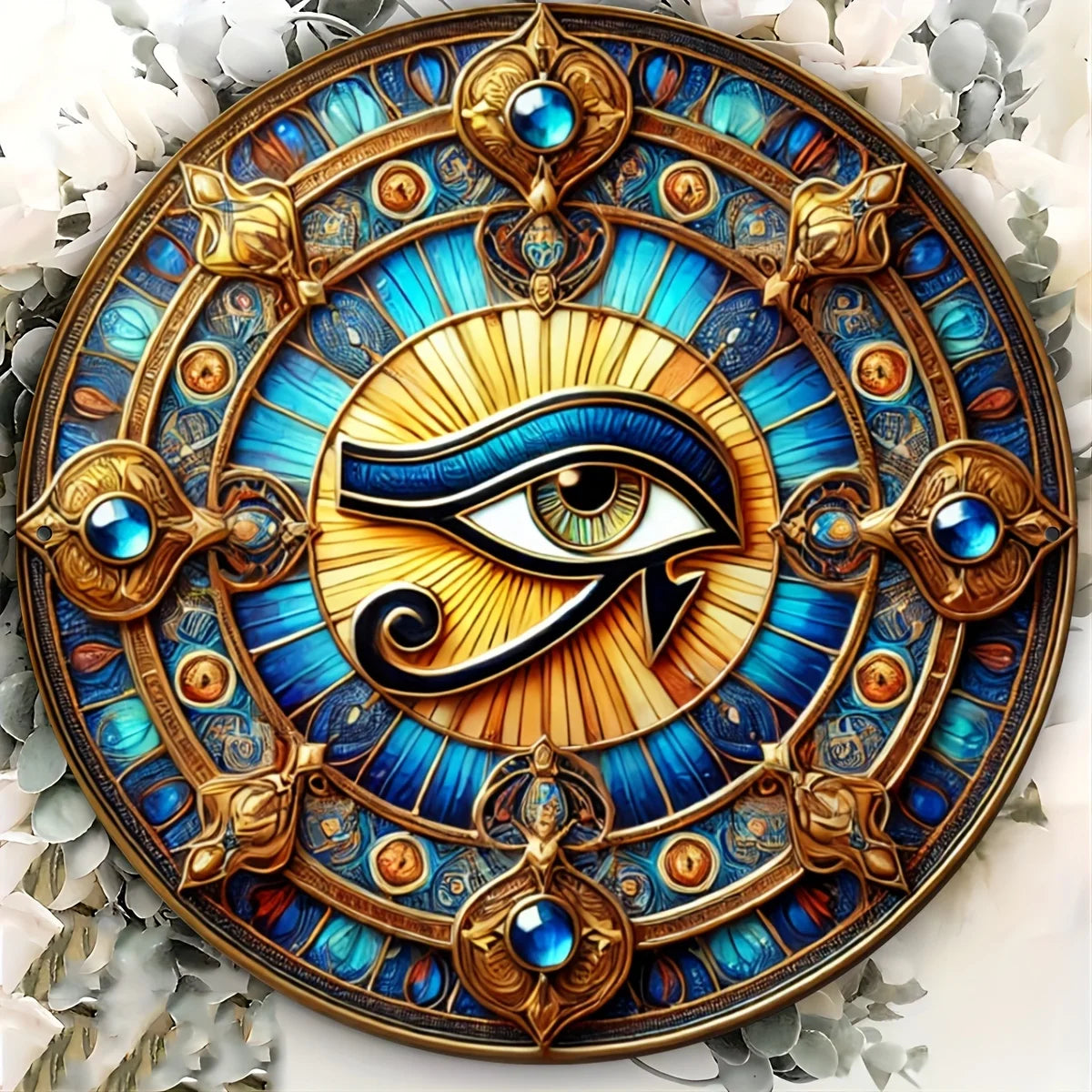 plaque murale oeil horus bleu doré art déco rétro ornement géométrique 20cm fixation mur