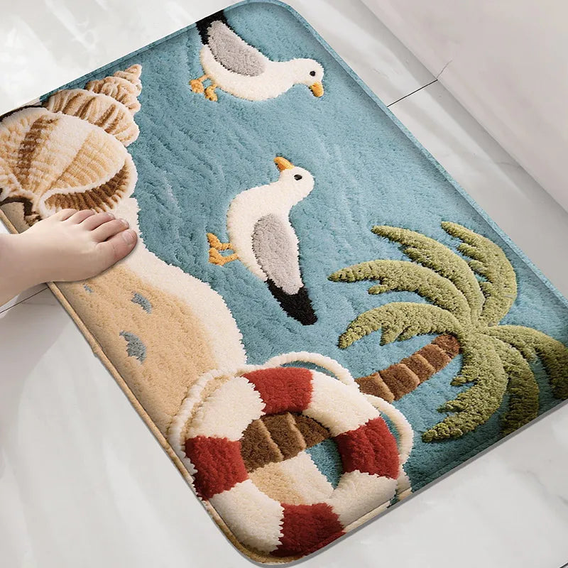 tapis bain antidérapant motif marin coquillages bleu clair beige blanc vert rouge marron