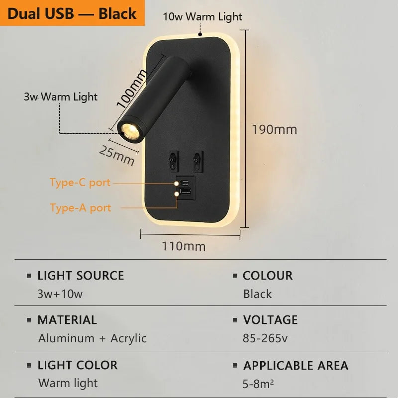 lampe murale led lecture moderne blanc noir cuivre usb projecteur backlight chambre entree