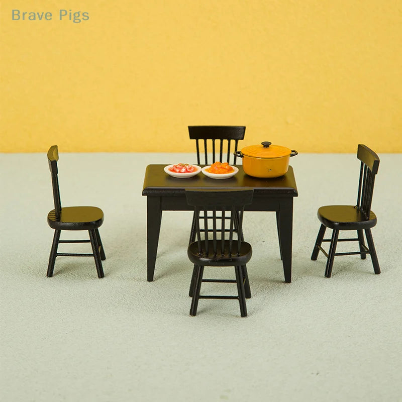miniatures rustiques table chaises assiettes poterie figurine renard noir orange rouge jaune