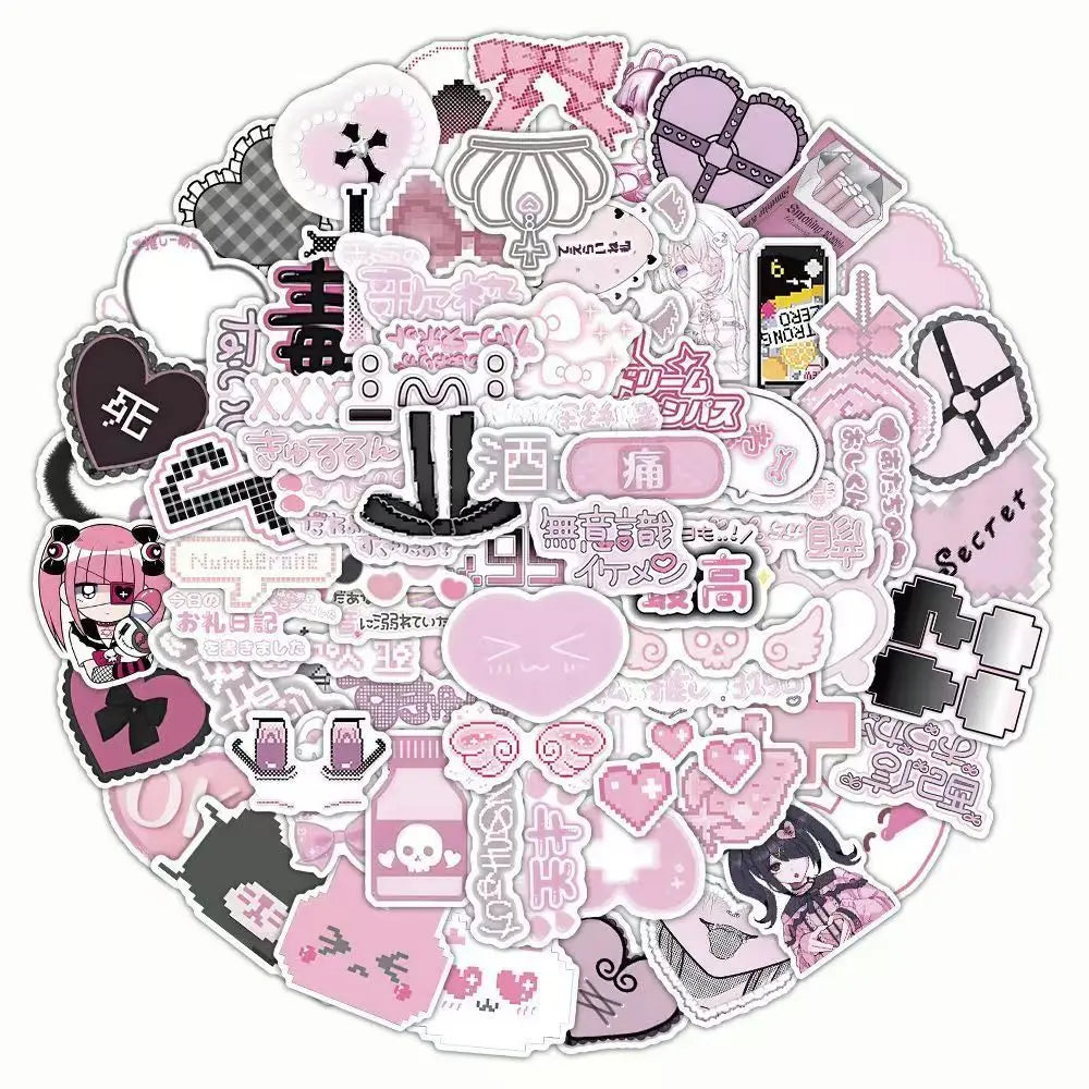 sticker kawaii pixel art rose blanc noir adhésif dessins animés coeurs chats 103pcs
