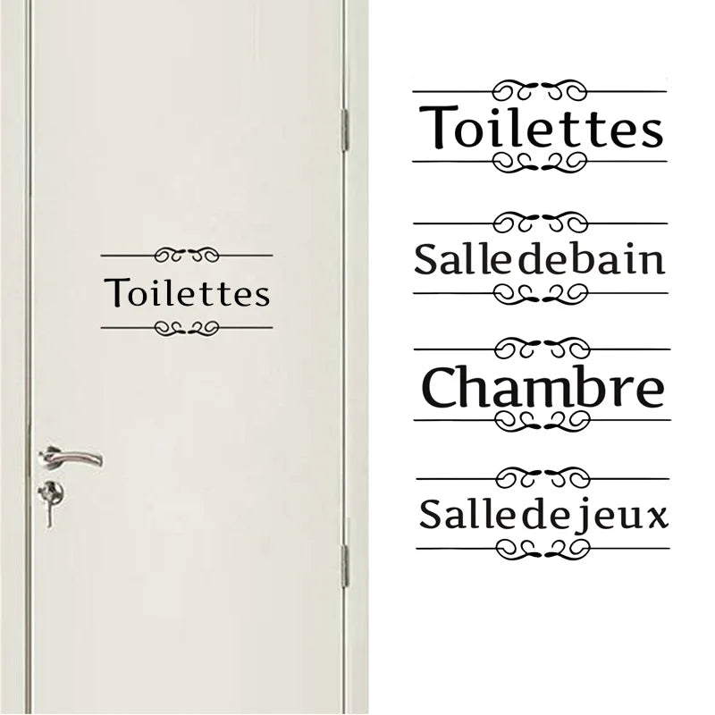 autocollants porte texte pièces maison noir lettres stylisées chambre toilettes salle bain chambre enfants