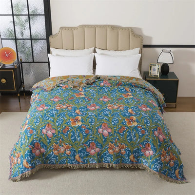 Couverture serviette florale gaze coton jacquard bleu 200x230 cm