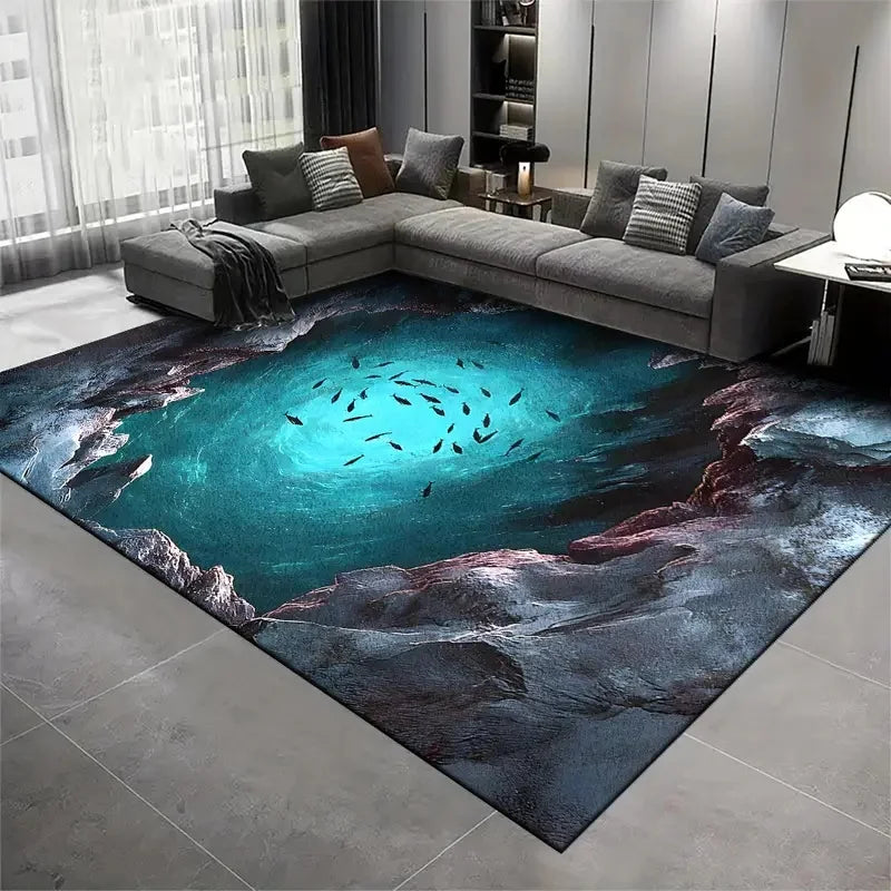 tapis moderne paysage aquatique poissons dauphins bleu vert gris salon chambre salle bain 120x160cm