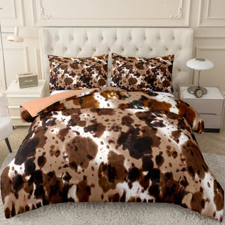 Parure de lit imprimée vache marron - Ensemble literie 3 pièces avec taies d'oreiller - Décoration chambre