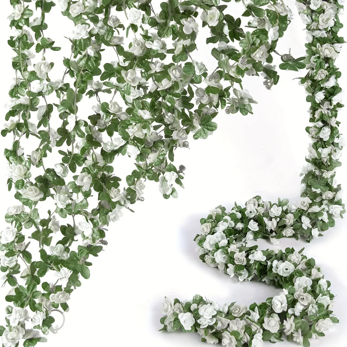 guirlande fleurs artificielles roses blanches feuilles vertes décoration extérieure mariage romantique