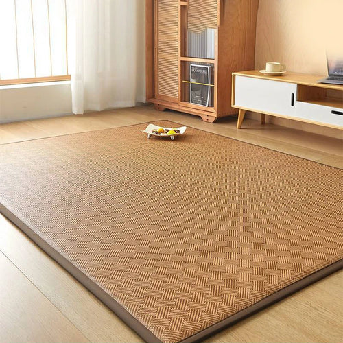 tapis sol épais matelassé motif carreaux géométriques beige marron clair moderne maison
