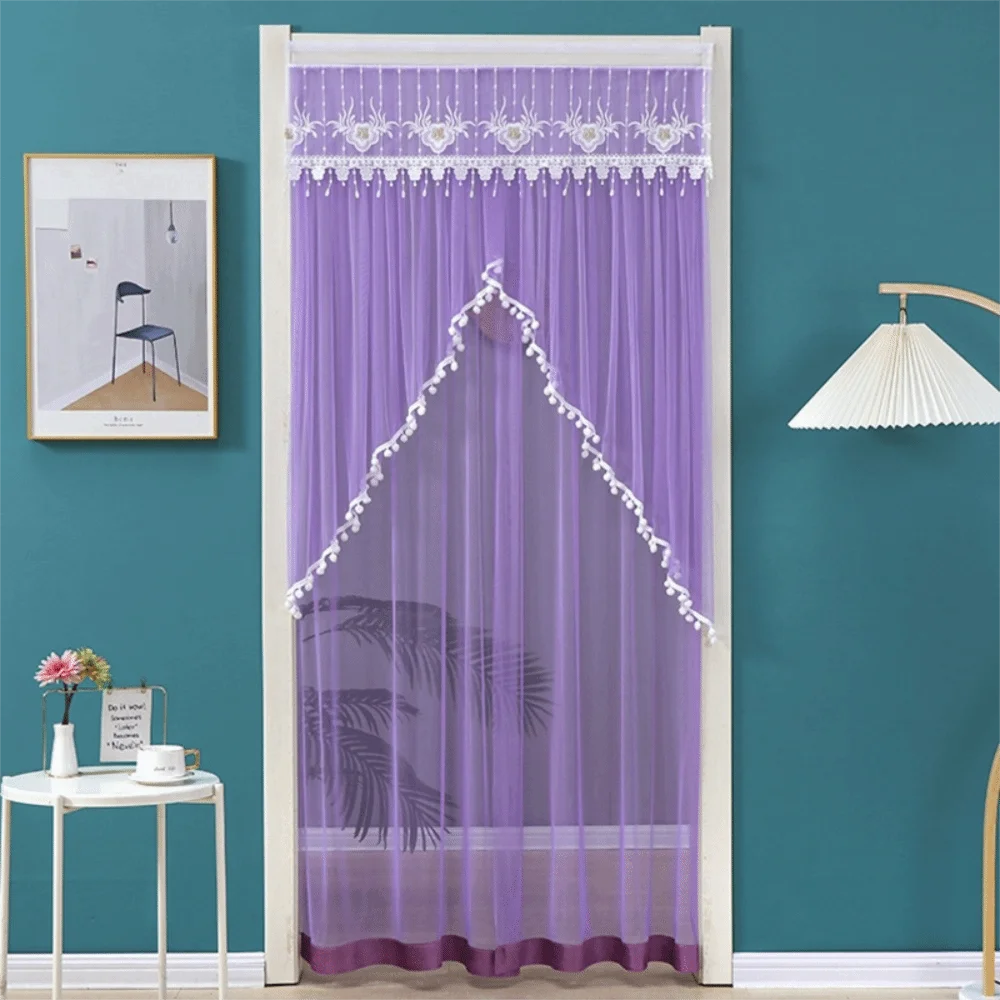 rideau porte décoration dentelle pompons auto adhésif blanc beige violet vertclair