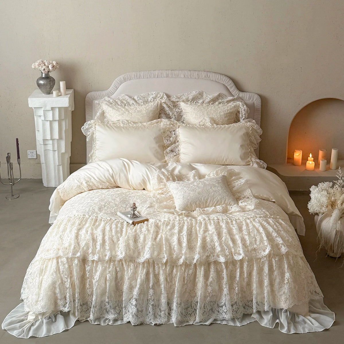 ensemble literie coton dentelle florale taies d'oreiller couverture romantique vintage shabby chic blanc cassé