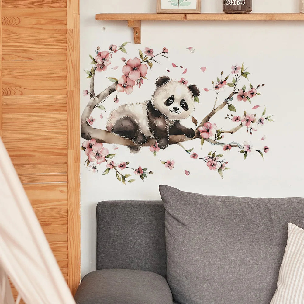 sticker mural panda fleurs illustration auto adhésif résistant eau chambre enfant décoration maison