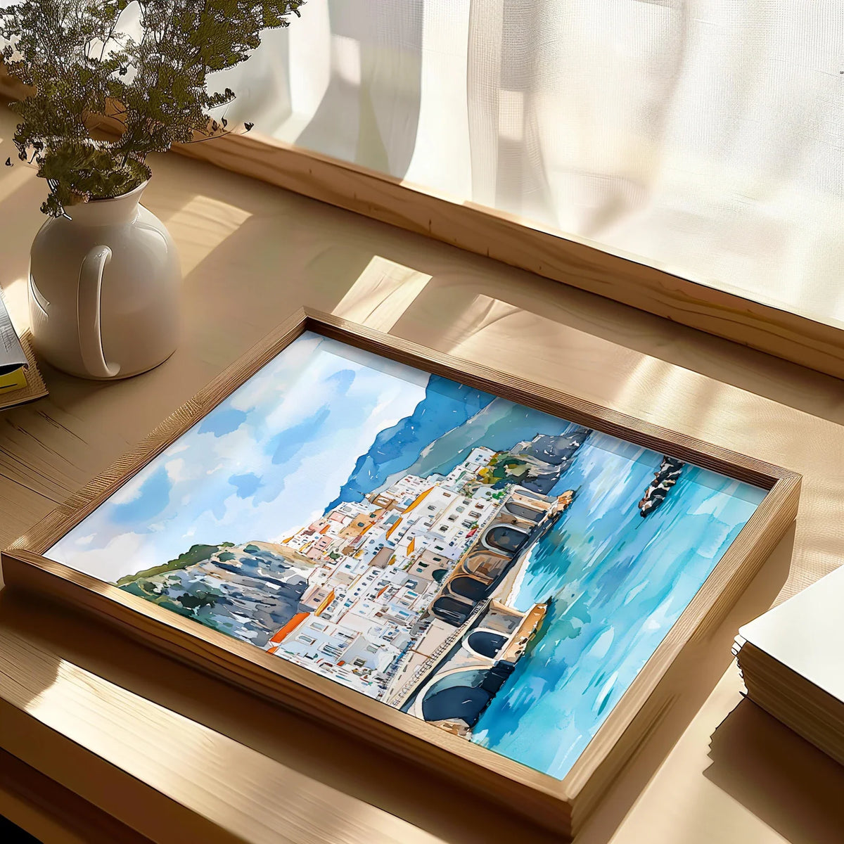 tableau paysage urbain amalfi coast italien bleu blanc vert beige montagnes rivière pont peinture