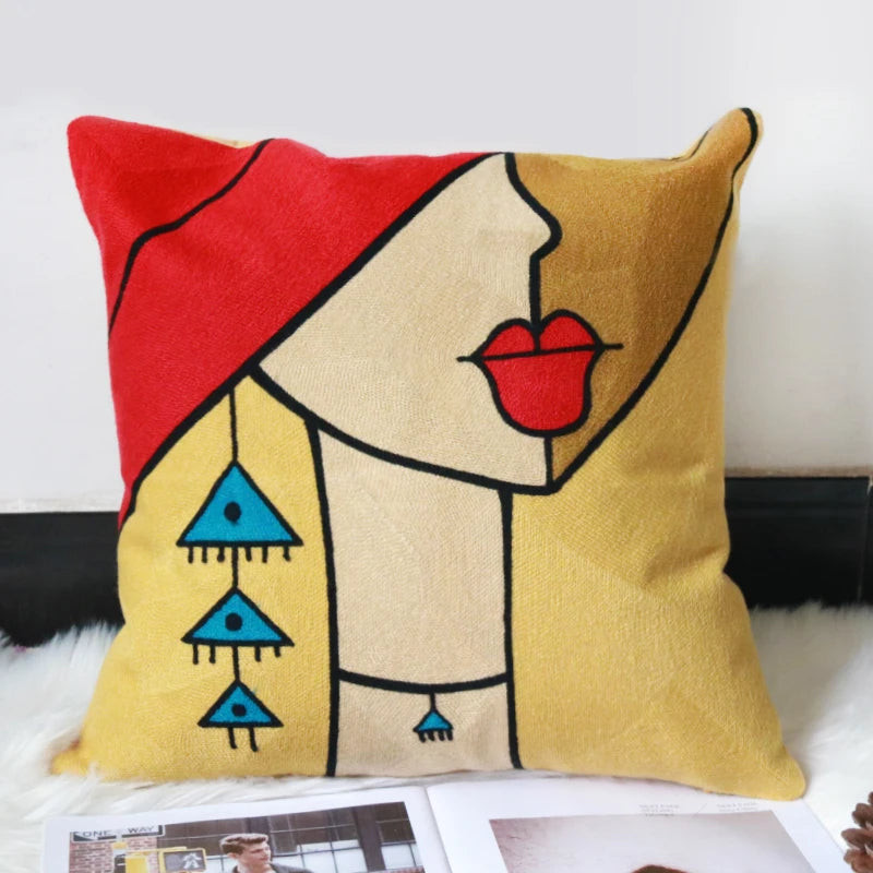 taies d'oreiller multicolores brodées motif abstrait moderne coussin décoratif carré linge coton 45x45cm