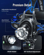 lampe frontale led rechargeable 15w modes nuit pêche course tissu bleu noir adjustable