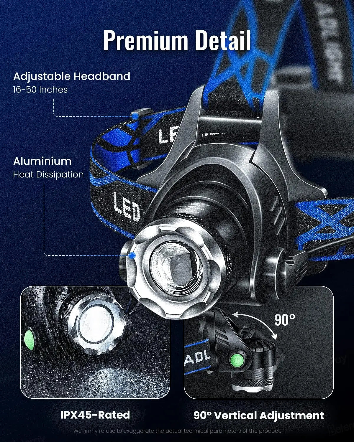 lampe frontale led rechargeable 15w modes nuit pêche course tissu bleu noir adjustable