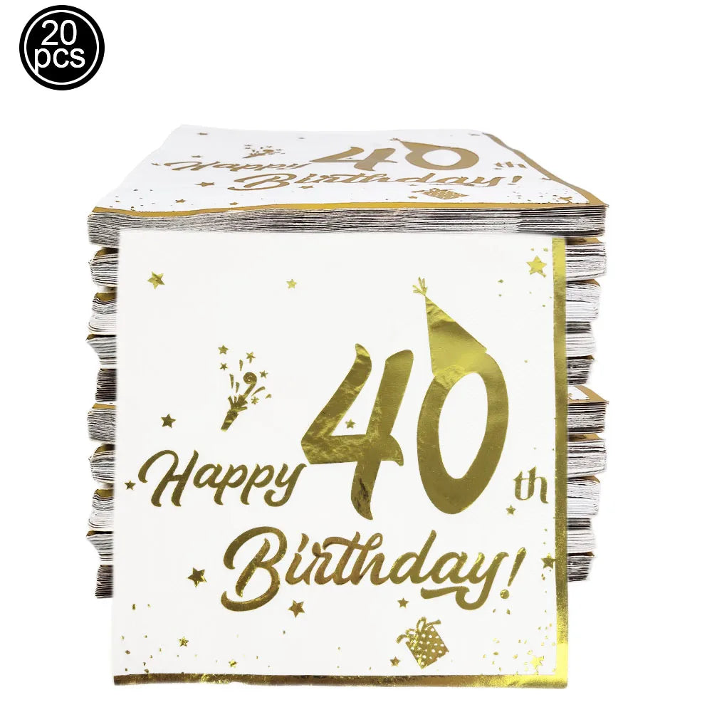 serviettes papier blanc doré anniversaire chiffres étoiles ballons textes festives 18 20 30 40