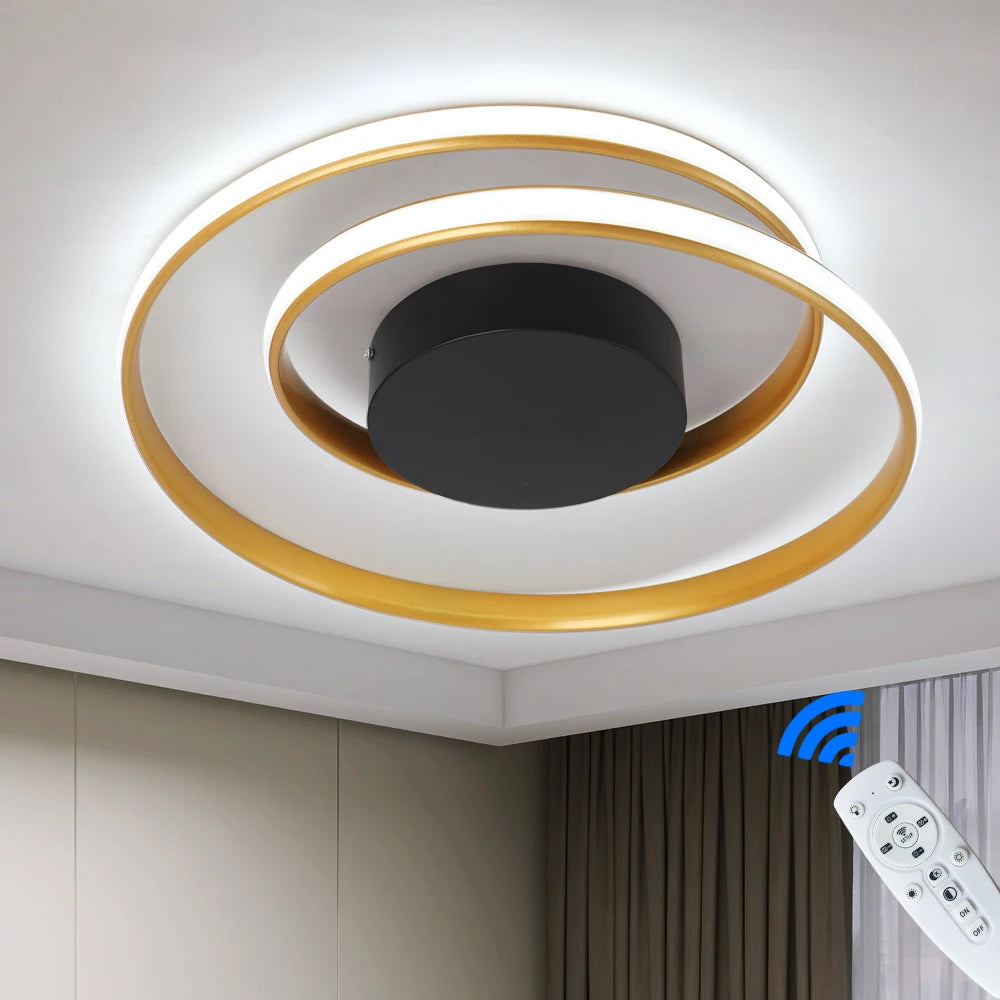 plafonnier led moderne noir blanc doré anneaux concentriques opacité télécommande flux lumineux interrupteur bouton