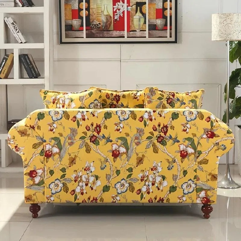 canapé d'angle vintage jaune fleuri adhésif oreillers minimaliste moderne salon maison