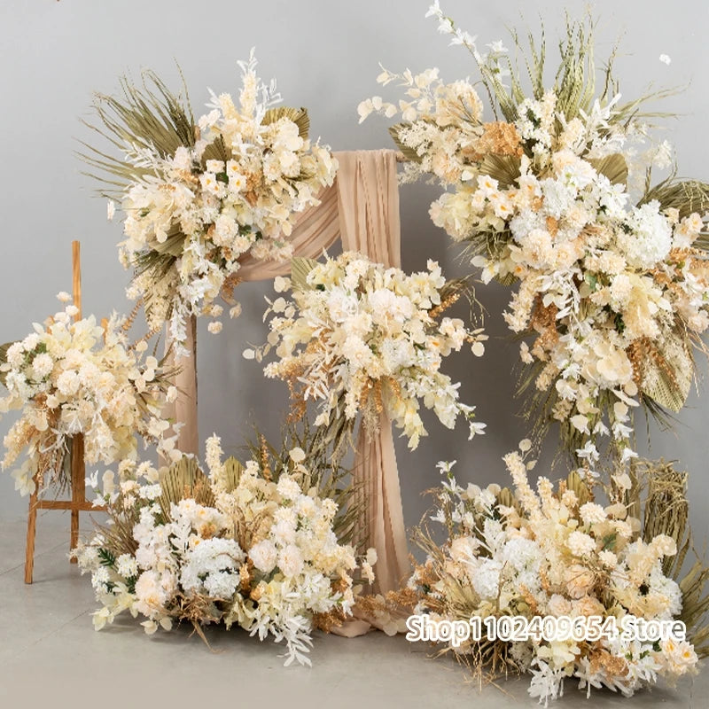 arche decorative boho chic fleurs artificielles blanc beige doré vert