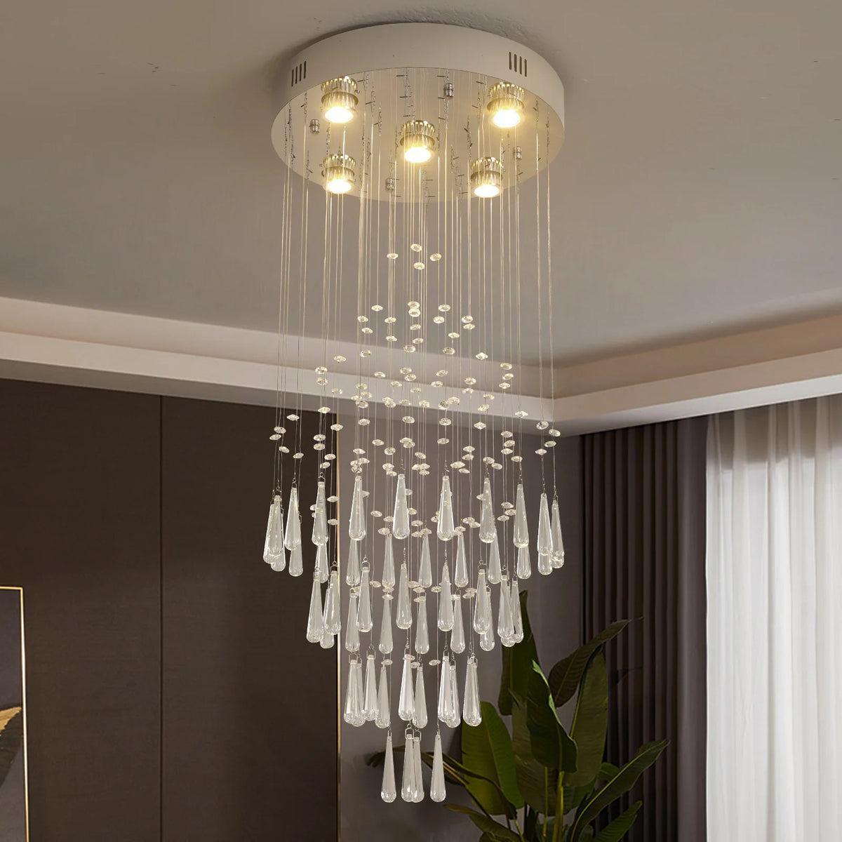 lustre suspendu moderne cristal argenté gouttes transparentes intérieur luxe