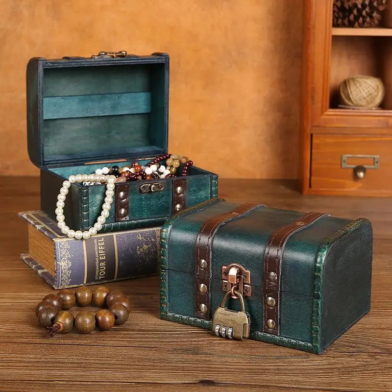 coffret bijoux bois vert foncé marron imitation cuir ornements métalliques vintage rétro serrure bracelet